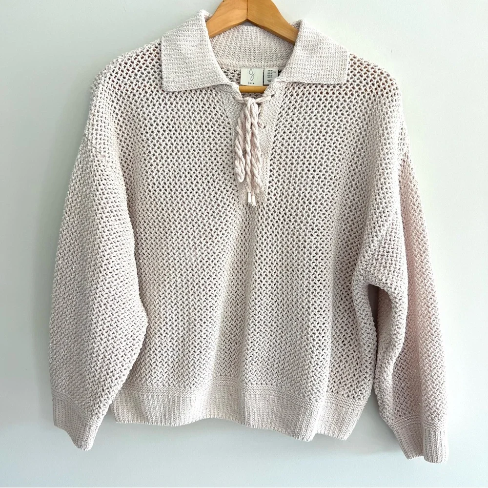 JOIE Cream Metallic Glitter Shimmer Sequins Open Knit Lace Up Sweater Sz XL
